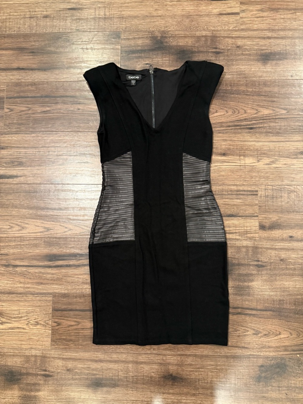 bebe Black Mesh-Panel V-Neck Bodycon Mini Dress